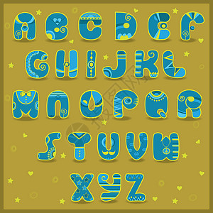 摇滚墨点字Fairy 字母法 有趣的蓝色和黄色字母插画