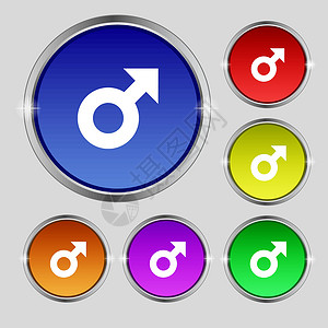 男性图标符号 光亮彩色按钮上的圆形符号 矢量背景图片