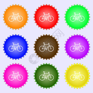图标符号 一组九种不同颜色的标签 矢量重量城市轮子娱乐旅行插图损失生态运输踏板背景图片
