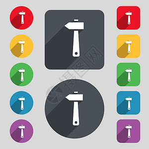 个护工具锤子图标符号 一组由12个彩色按钮和长阴影组成 平坦的设计 矢量设计图片