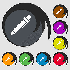 钢笔图标 八个彩色按钮上的符号 韦克托笔记荧光笔办公室插图铅笔背景图片