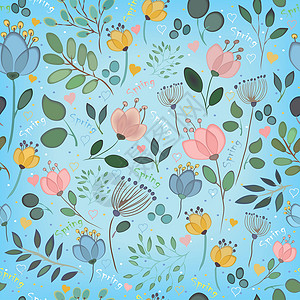 矢量无缝图案 水彩花装饰品叶子插图蓝色刷子庆典纺织品季节艺术花瓣背景图片