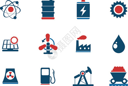 水电站图标图标集能源和工业电池太阳能矢量变电站原子汽油燃料石油油桶涡轮机插画