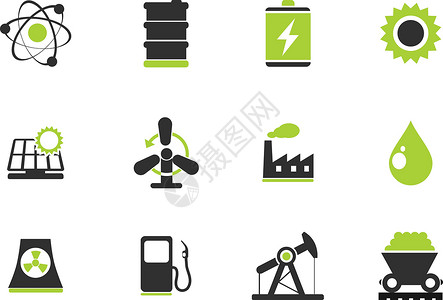 工业电源图标集能源和工业变电站高压核反应堆石油电源太阳燃料工厂油桶涡轮机插画