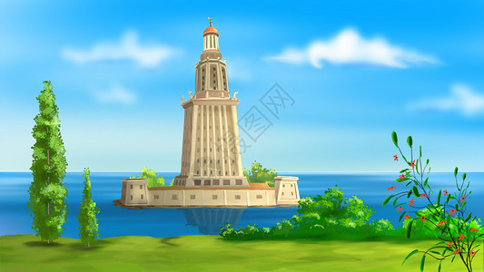 世界奇观亚历山大灯塔插图卡通片奇观场景神话传奇童话世界灯塔背景