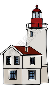 老石房子老石灯塔珊瑚礁岩石地标房子历史建造红色海岸灯笼手表插画