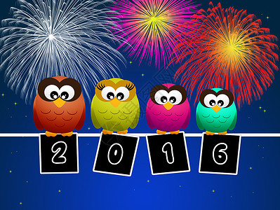 猫头鹰庆祝新年家庭乐趣烟花插图动物鸟类背景图片