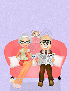 祖父母沙发闲暇微笑祖母夫妻派对卡通片家庭母节女士背景图片