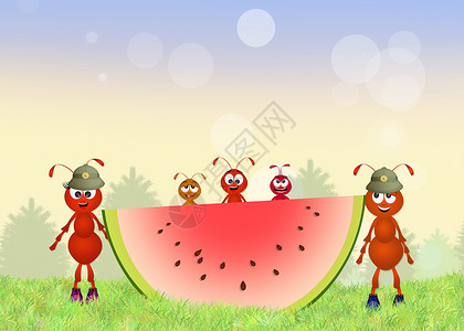 蚂蚁和西瓜红色蚂蚁的滑稽大军家庭草地微笑工人母亲木头动物卡通片森林水果背景