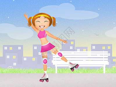 穿溜冰鞋的女孩快乐童年插图公园活动女士冰鞋派对运动闲暇背景图片