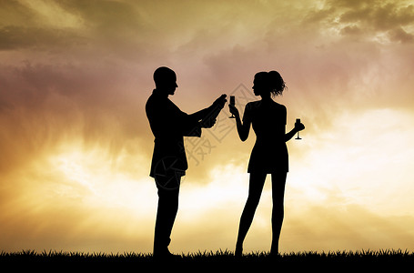 日落时一对面包瓶子男人倒数庆典恋人女士插图新年眼镜女孩背景图片