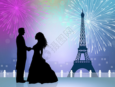 刚在巴黎结婚插图烟花男人女士派对新娘蜜月婚礼庆典背景图片