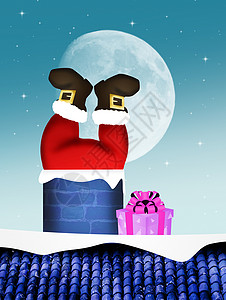 烟囱里的圣诞老人插图月亮壁炉新年注意力礼物解雇庆典背景图片