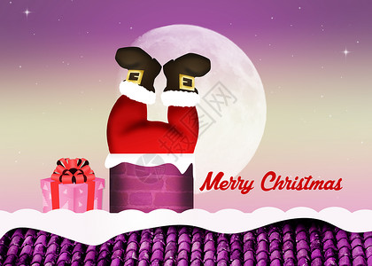 烟囱里礼物烟囱里的圣诞老人月亮庆典解雇壁炉插图礼物注意力新年背景