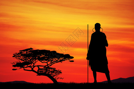 非洲地貌中的马赛人插图旅行荒野黑色日落部落阳光文化背景图片