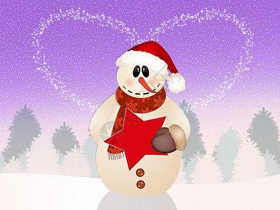 冬季风景中的雪人插图卡通片明信片新年季节庆典景观背景图片