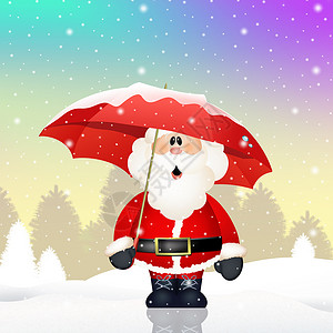 带伞的圣诞老人雪人礼物庆典新年卡通片雪花明信片插图景观闲暇背景图片