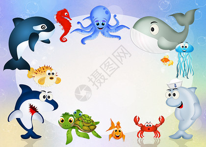 海洋动物红鱼海蜇捕食者插图蓝色螃蟹章鱼卡通片海马海龟背景图片