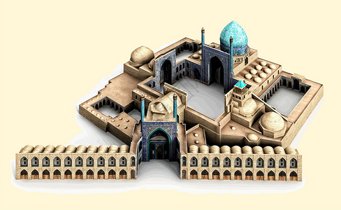 世界遗产涅斯韦日城堡伊朗伊斯法罕国王清真寺插画