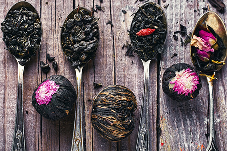 茶的种类团体草本药品树叶黑色收藏芳香文化叶子花瓣背景图片