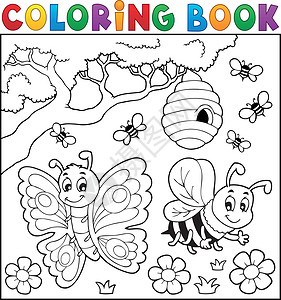 带蝴蝶和蜜蜂的彩色书背景图片