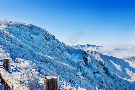 韩国雪道韩国冬季的清晨雾笼罩着Seoraksan山脉森林山脉海雾太阳故事薄雾晴天旅游天空风景背景