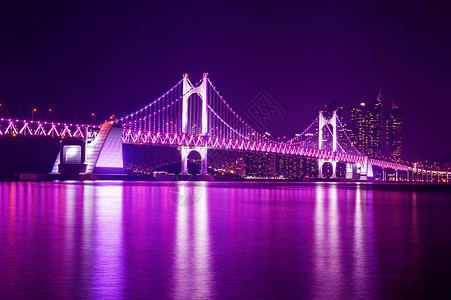 广安桥黄安桥和海云台晚上在韩国釜山城市地标胜地景点旅游金融市中心建筑物目的地场景背景