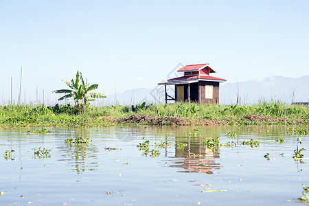 清平乐村居缅甸内尔湖传统漂浮村居 缅甸地标旅行建筑天空渔夫宝塔入口乡村旅游房子背景