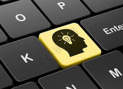 电脑键盘背景上带灯泡的广告概念头思考钥匙产品市场品牌管子伙伴风暴活动战略背景图片