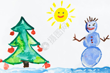 孩子和雪人一起画画水粉创造力插图太阳孩子们刷子橙子绘画问候语白色背景图片