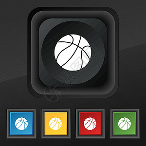 篮球图标符号 为您的设计设置黑色纹理上的五个彩色时尚按钮 韦克托分数插图徽章学校竞赛娱乐收藏剪影游戏活动背景图片
