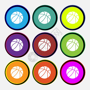 篮球图标标志 九个多色圆形按钮 韦克托分数娱乐学校团队收藏插图运动剪影徽章竞赛背景图片