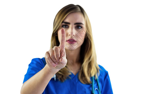 护士用手指指着她的手指医院手势药品关爱金发女郎女士护理人员康复思维诊所背景图片
