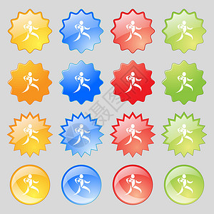 使用球图标符号运行的橄榄球玩家 大套16个彩色现代按钮用于设计 矢量背景图片