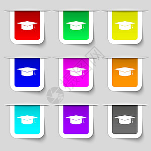 毕业时我毕业帽图标符号 您设计时的多色现代标签集 矢量插画