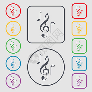 音乐笔记图标符号 圆形和带边框的平方按钮上的符号 矢量背景图片