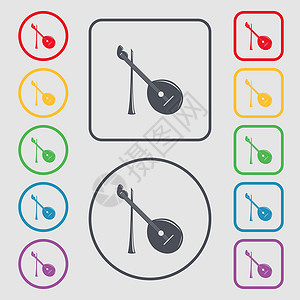莱卡图标Balalahika 图标符号 圆形上的符号和带框架的平方按钮 矢量插画