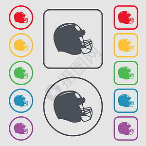 足球头盔图标符号 圆形和带框架的平方按钮上的符号 矢量背景图片