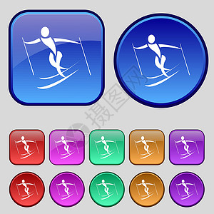 回旋型文字滑雪者图标标志 一套十二个复古按钮为您的设计 韦克托高山下坡运动员季节文字速度游戏激流运动乐趣插画