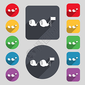 毅力设计素材快速蜗牛图标符号 一组由12个彩色按钮和长阴影组成 平坦的设计 矢量插画