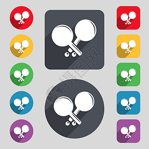 嘉年华12模版网球火箭图标符号 一组有12色按钮和长阴影 平面设计 矢量插画