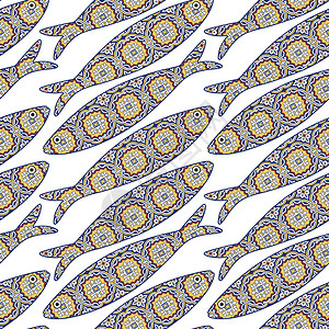 葡萄牙波尔图传统土耳沙丁鱼和Azulejo瓷砖背景插画