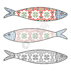 葡萄牙波尔图葡萄牙传统图标 带有典型波图语的彩色沙丁鱼插画