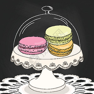 五颜六色的马卡龙蛋糕五颜六色的涂鸦蛋白杏仁饼干在盘子上 素描蛋白杏仁饼干插画