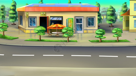 路边咖啡厅建筑物树木色彩咖啡店街道灰色数字绿色绘画背景图片