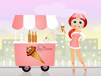 冰淇淋小贩卖冰淇淋的女孩小贩奶油巧克力休息锥体插图时间杯子午休大车背景