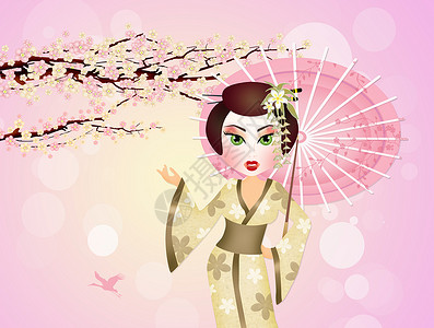 带伞的艺人寺庙女孩插图文化女性花朵宝塔女士舞蹈和服背景图片