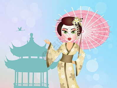 带伞的艺人女性女孩女士寺庙文化花朵宝塔插图和服舞蹈背景图片