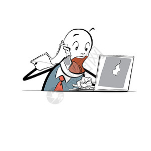 这位商务人士正在就笔记本电脑进行谈判电话商业男人线条漫画工作愤怒插图技术神经背景图片