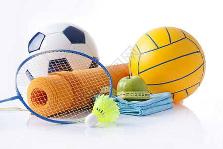 排球垫球带有膳食的体育和健身设备运动足球食物活力棒球辅导青年减肥市场蓝色背景